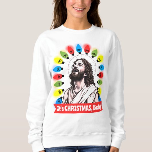 Ugly sweater Christmas tacky Jesus tree lights (Voorkant)