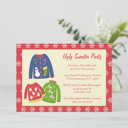 Ugly sweater kerstfeest party uitnodiging (Staand voorkant)