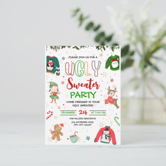 Ugly Sweater Kerstfeest Uitnodiging, Kerstmis Briefkaart (Staand voorkant)