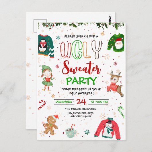 Ugly Sweater Kerstfeest Uitnodiging, Kerstmis Briefkaart (Voorkant / Achterkant)