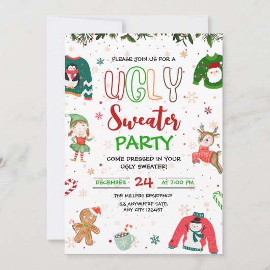 Ugly Sweater Kerstfeest Uitnodiging, Kerstmis Kaart (Voorkant)