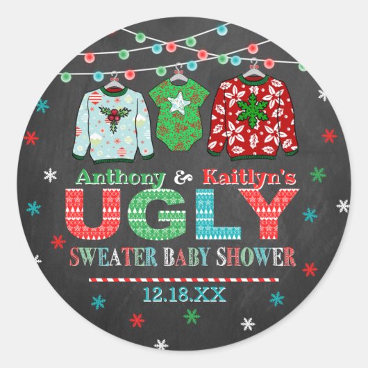 Ugly Sweater Kerstmis Baby shower Ronde Sticker (Voorkant)