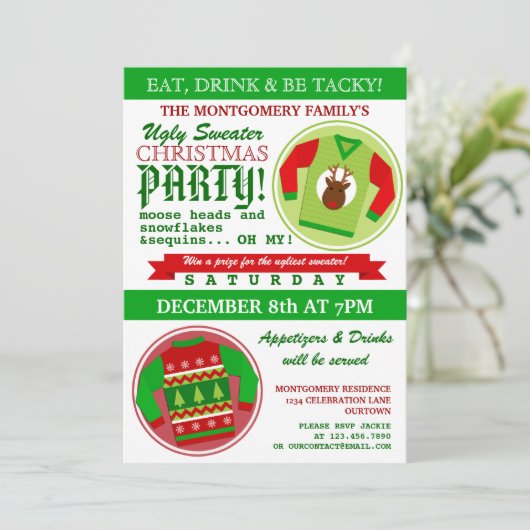 Ugly Sweater Kerstparty Uitnodiging (Staand voorkant)