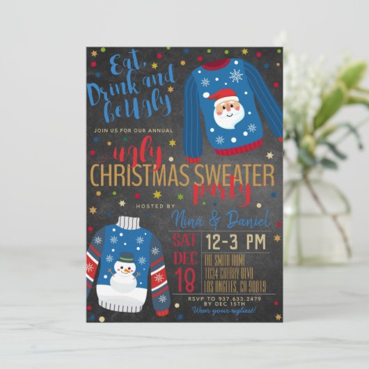 Ugly Sweater Kerstparty Uitnodiging (Staand voorkant)