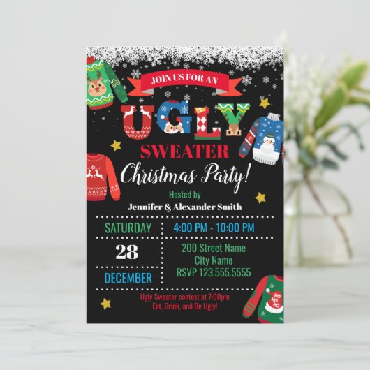 Ugly Sweater Kerstparty Uitnodiging (Staand voorkant)