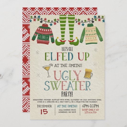 Ugly Sweater Party Uitnodiging Kerstmis Elfed Up (Voorkant / Achterkant)