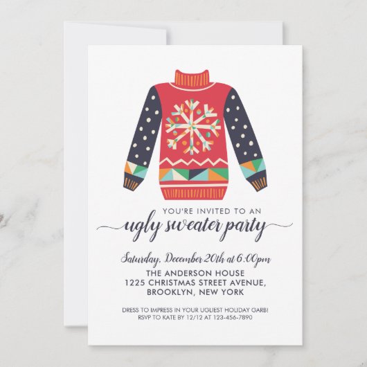 Ugly Sweater Red Snowflake Kerstfeest Kaart (Voorkant)