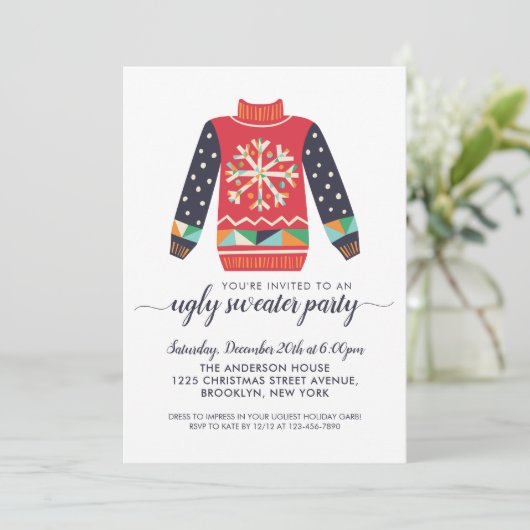 Ugly Sweater Red Snowflake Kerstfeest Kaart (Staand voorkant)