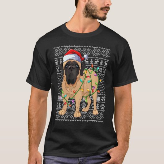 Ugly Sweater Style Xmas Lights Santa Mastiff Dog C T-shirt (Voorkant)