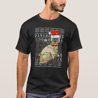 Ugly Sweater Style Xmas Lights Santa Siamese Cat C T-shirt