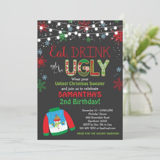 Ugly Sweater Verjaardag Uitnodiging / Kerstfeest (Staand voorkant)