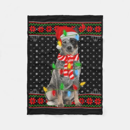 Ugly Xmas Dog Lights Santa Hat Blue Heeler Dog Chr Fleece Deken (Voorkant)