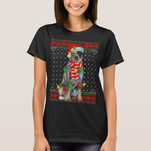Ugly Xmas Dog Lights Santa Hat Blue Heeler Dog Chr T-shirt (Voorkant)