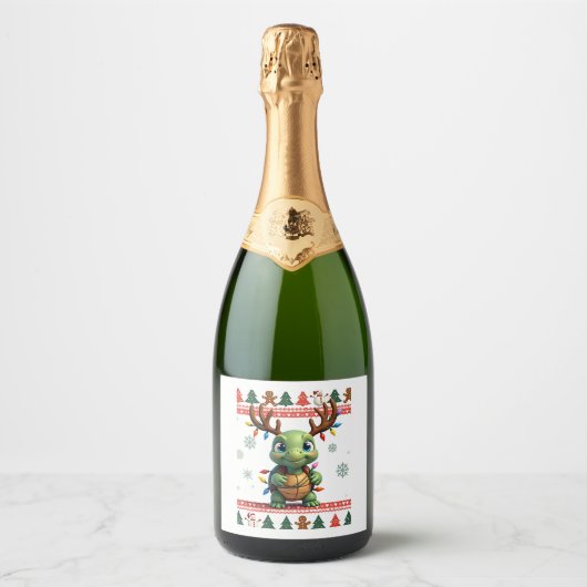 Ugly Xmas Sweater Style Lighting Turtle Christmas Sparkling Wijnetiket (Voorkant)