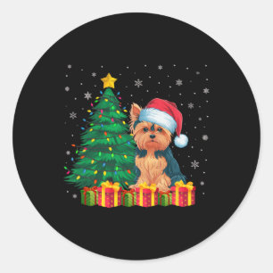 Ugly Yorkie Santa Hat Christmas Lights Hondenliefh Ronde Sticker