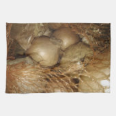 Uien in het net, groente en fruit, pikante koken theedoek (Horizontaal)