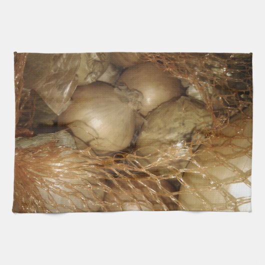 Uien in het net, groente en fruit, pikante koken theedoek (Horizontaal)