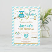 Uil 1e verjaardag Uitnodiging Jongen Turquoise en  (Staand voorkant)