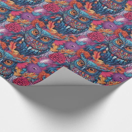 Uil Art Tekening Blauwe uil en roze bloemen Cadeaupapier (Hoek)
