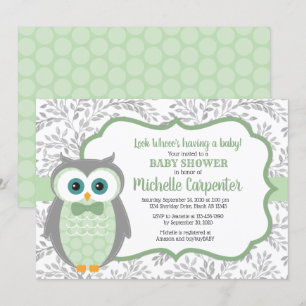 Uil baby shower Nodig Boy Green Grey Woodland uit Kaart