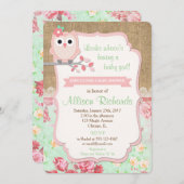 Uil baby shower uitnodiging burlap lace mint roze (Voorkant / Achterkant)