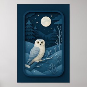 Uil bij maanlicht in besneeuwd bos poster