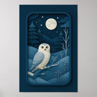 Uil bij maanlicht in besneeuwd bos poster
