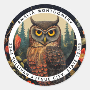 Uil bij nacht met een volle maan - Adres Ronde Sticker