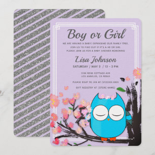 Uil Blossom Paarse Glitter Stripes Baby shower Kaart