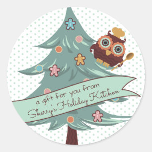 Uil chef-kok cookie kerstboom vakantie bakken ronde sticker