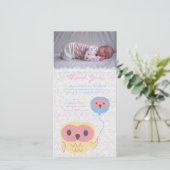 Uil Dank Je Kaart Baby Meisje Foto Kaart Sjabloon (Staand voorkant)