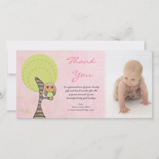 Uil Dank u Nieuwe Baby Meisje Aankomst Gift Fotoka Bedankkaart