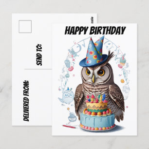 Uil dragen verjaardag pet staan achter cake briefkaart