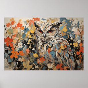 Uil en bloemen in de lente schilderij poster