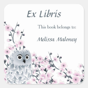 Uil en kersenbloesems ex libris boekenplaat vierkante sticker