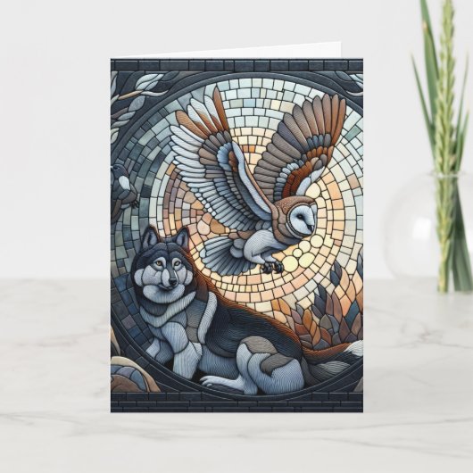 Uil en Wolf Mozaïek Ai Art | Blanco Kaart (Voorkant)