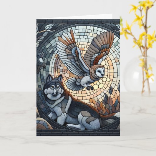 Uil en Wolf Mozaïek Ai Art | Blanco Kaart (Gele Bloem)