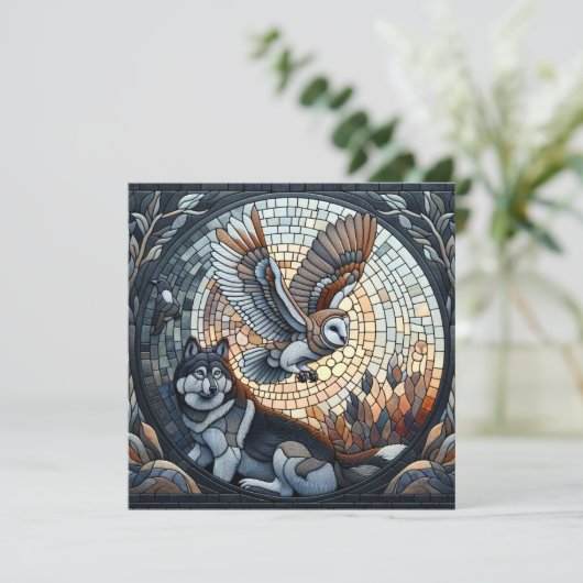 Uil en Wolf Mozaïek Ai Art | Blanco Kaart (Staand voorkant)