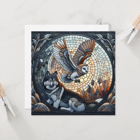 Uil en Wolf Mozaïek Ai Art | Blanco Kaart (Voorkant / Achterkant in situ)