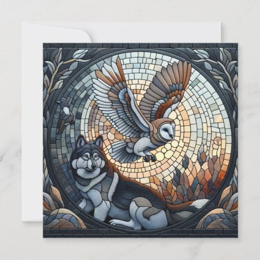Uil en Wolf Mozaïek Ai Art | Blanco Kaart (Voorkant)