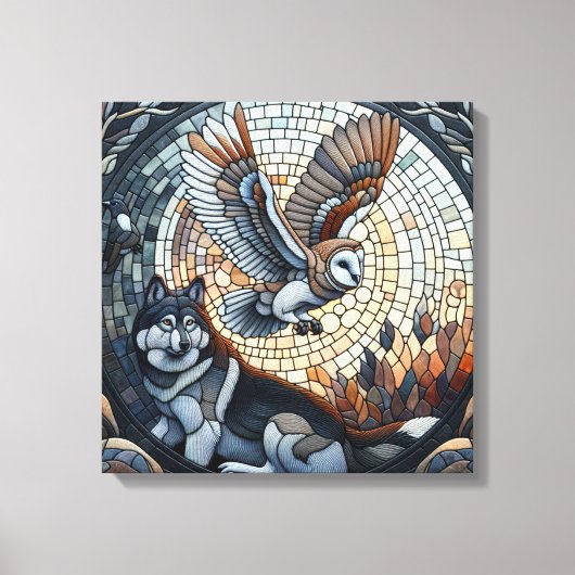 Uil en Wolf Mozaïek Ai Art Canvas Afdruk (Voorkant)
