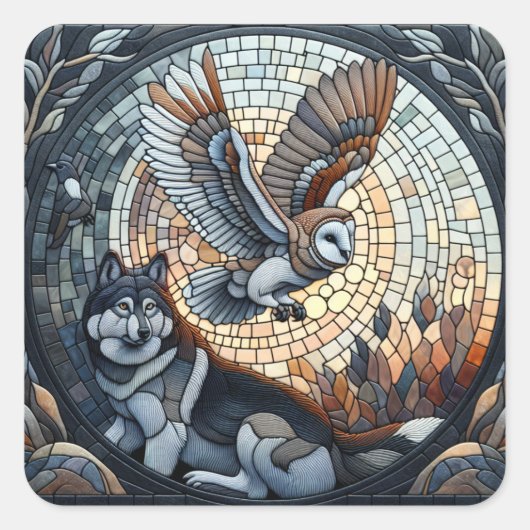 Uil en Wolf Mozaïek Ai Art Vierkante Sticker (Voorkant)
