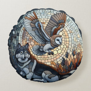 Uil en Wolf Mozaïek Natuur Ai Kunst Rond Kussen