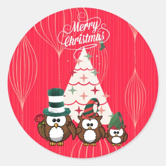 Uil Familie Prettig Kerstfeest Ronde Sticker (Voorkant)