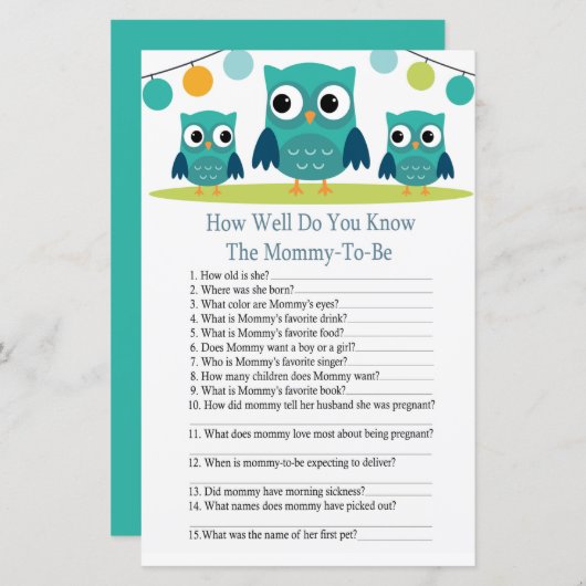 Uil hoe goed ken jij baby shower spel (Voorkant / Achterkant)