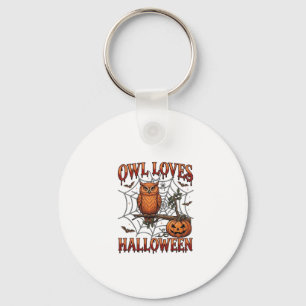 Uil houdt van Halloween Oranje Spinnenweb Pompoen_ Sleutelhanger