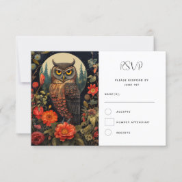 Uil in de nacht met een volle maan bruiloft RSVP kaartje
