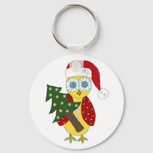 Uil in een kerstmuts met kerstboom sleutelhanger