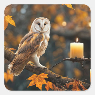 Uil in herfstloof en kaars mystiek vierkante sticker