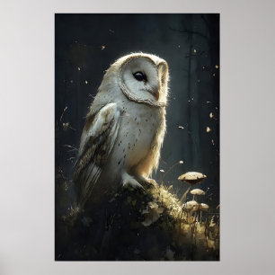 Uil in sombere boswanddruk, uil botanisch poster